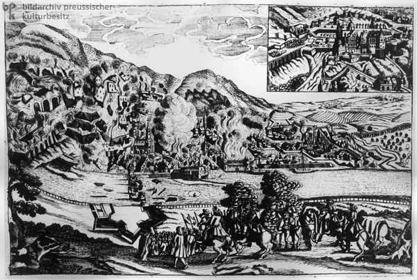 Flugblatt zur Zerstörung Heidelbergs im Jahre 1689 unter Führung des französischen Generals Mélac (undatierter Holzstich)